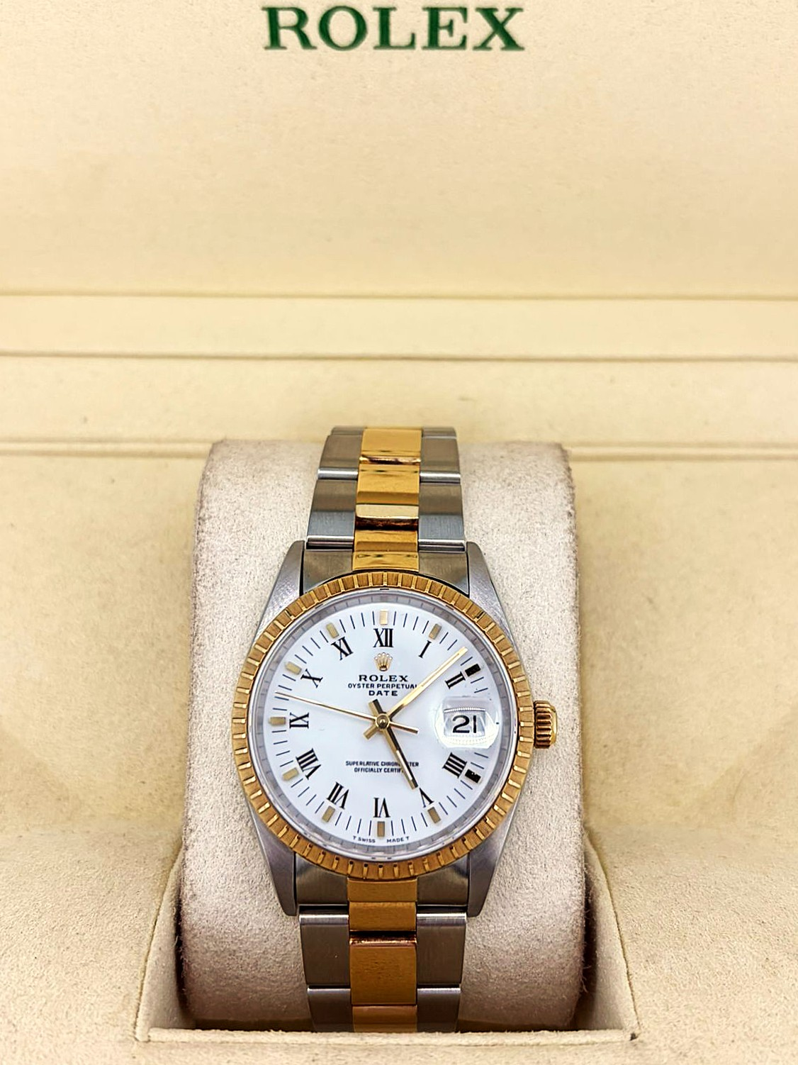 Rolex 34mm Oyster Perpetual Date- 18ct Gold & Stainless Steel 1995 Box & Papers Model: 15223