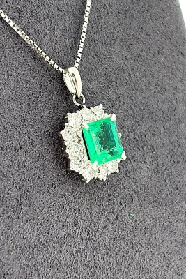 1.35ct Emerald & 0.34ct Diamond Pendant- Platinum 5.5g 17inch