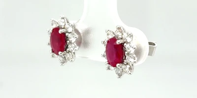 0.80ct Ruby & 0.66ct Diamond Halo Stud Earrings 18ct White Gold 2.7g