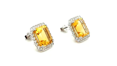 8.55ct Citrine & 0.75ct Diamond Stud Earrings 9ct White Gold 5.3g ( 15.3mm x 13.3mm)