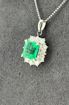 1.35ct Emerald & 0.34ct Diamond Pendant- Platinum 5.5g 17inch