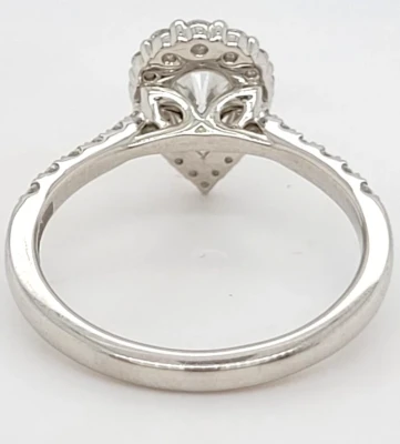 1.46ct Lab Grown Pear cut Diamond & Platinum Halo Solitaire Ring 5.3g