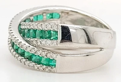 2.39ct Emerald & Diamond Cross Over Ring, 18ct White Gold 8.1g Size N