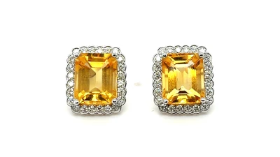 8.55ct Citrine & 0.75ct Diamond Stud Earrings 9ct White Gold 5.3g ( 15.3mm x 13.3mm)