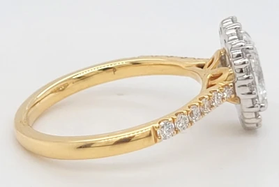 1.46ct Lab Grown Oval Diamond & 18ct Gold Halo Solitaire Ring 3.9g