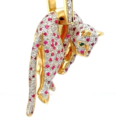 Ruby Diamond & Emerald Panther Pendant 18ct Gold 22.4g