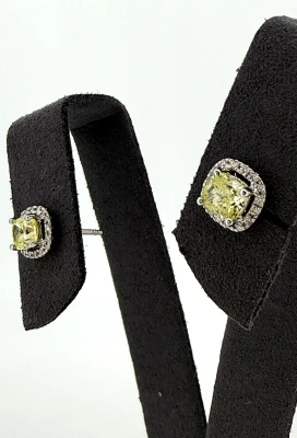 1.25ct Yellow & White Diamond Halo Stud Earrings -18ct White Gold 2.0g
