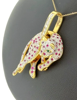 Ruby Diamond & Emerald Panther Pendant 18ct Gold 22.4g