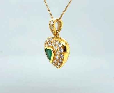 0.50ct Emerald & 1.00ct Diamond Heart Pendant 18ct Gold 6.8g