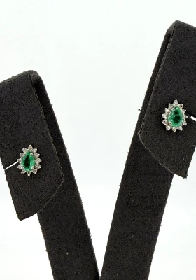 0.40ct Emerald & 0.15ct Diamond Stud Earrings -9ct White Gold 0.9g