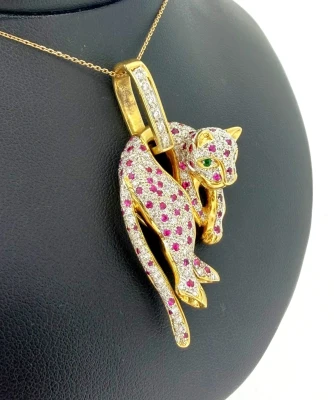 Ruby Diamond & Emerald Panther Pendant 18ct Gold 22.4g