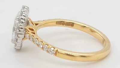 1.46ct Lab Grown Oval Diamond & 18ct Gold Halo Solitaire Ring 3.9g
