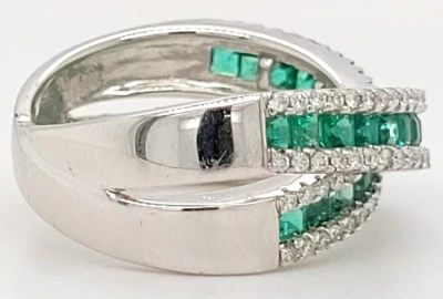 2.39ct Emerald & Diamond Cross Over Ring, 18ct White Gold 8.1g Size N
