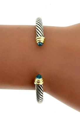 14ct Gold & Silver 6.5mm Topaz Torque Bangle 26.0g 7.5inch