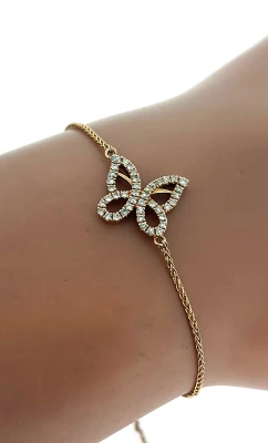 0.30ct Diamond & 14ct Rose Gold Butterfly Bracelet with Slide Clasp 7.5inch 5.8g