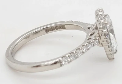 1.46ct Lab Grown Pear cut Diamond & Platinum Halo Solitaire Ring 5.3g