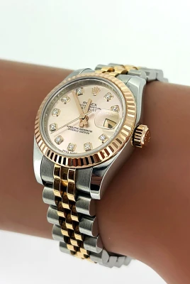Rolex 26mm DateJust Pink Diamond Dot Dial (2015 Box & Papers) 18ct Rose Gold & Stainless Steel