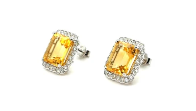 8.55ct Citrine & 0.75ct Diamond Stud Earrings 9ct White Gold 5.3g ( 15.3mm x 13.3mm)